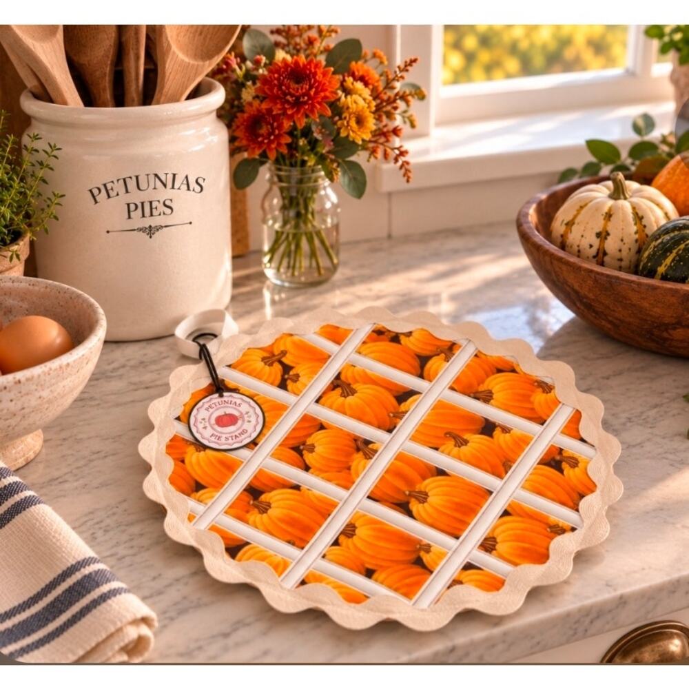 Orange Pumpkin Pie / Hot Pad / Potholder / Quilted Cotton / washable / 11"